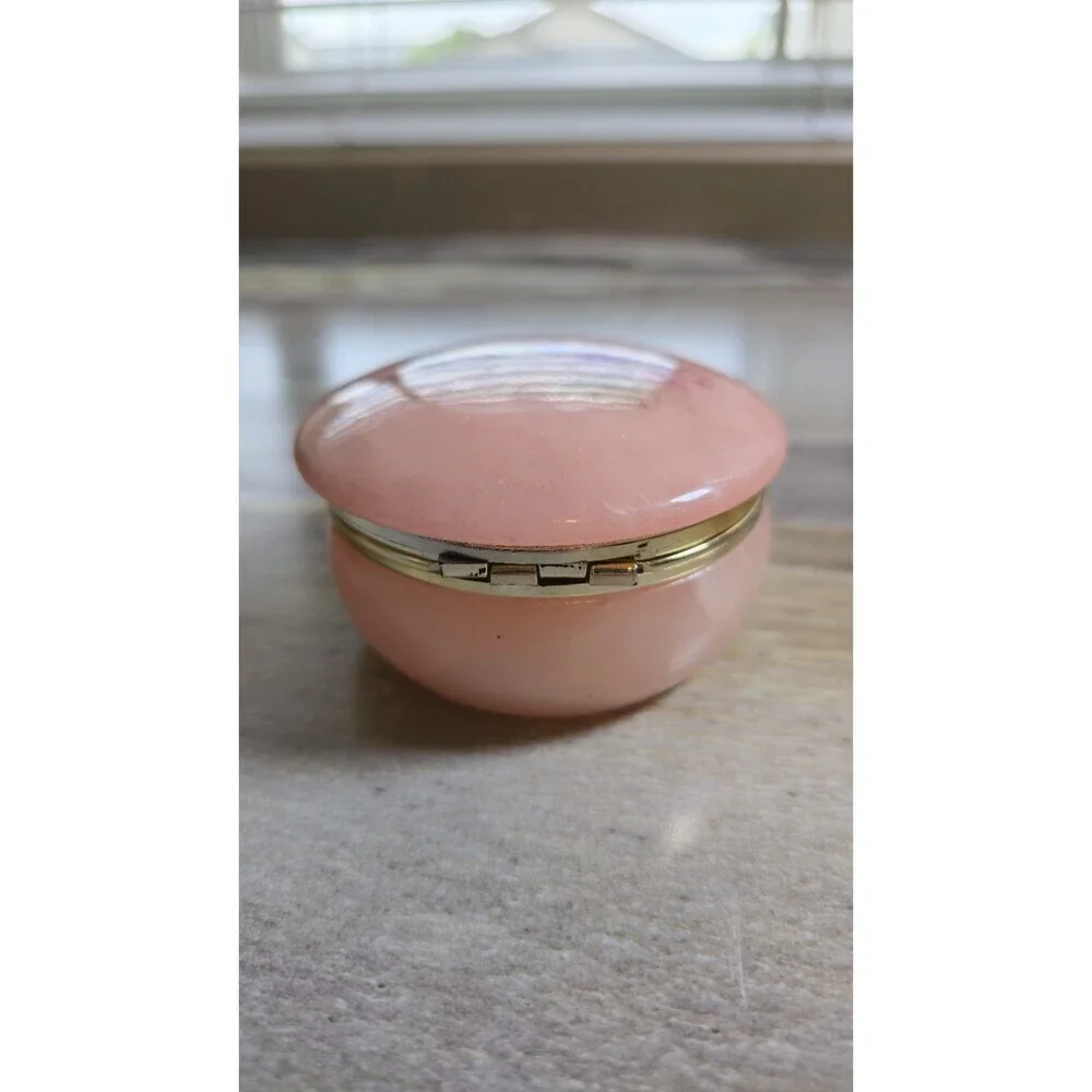 Vintage Genuine Italian Alabaster Hand Carved Pink Floral Trinket Jewelry Box